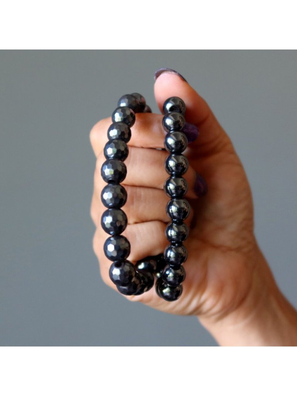Hematine Beaded Stretch Bracelet Set Smooth and Faceted 9mm Hematite-Like Pair